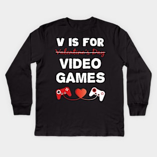 V Is For Video Games Funny Gamer Kids Boys Valentine's Day Kids Long Sleeve T-Shirt